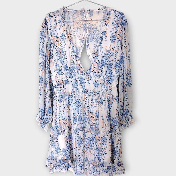 Ladies Dress Sz XL Ruffles Floral Blue Low V Open Back Coquette Cottagecore Shee - Picture 1 of 14